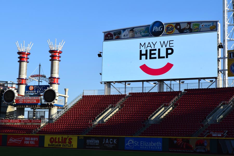 May We Help logo on billboard at Great American Ballpark