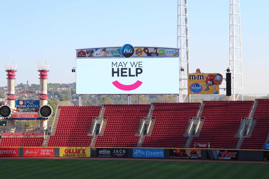 May We Help on the billboard at Great American Ballpark